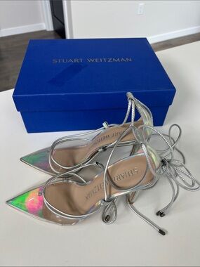 Stuart Weitzman silver clear iridescent patent pointed toe heel wrap ankle ankle